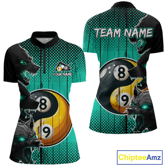 Funny Yin Yang Eyes Of Wolf Billiard Shirts For Women Custom 8 & 9 Ball Billiard Jersey|Turquoise TDM4441
