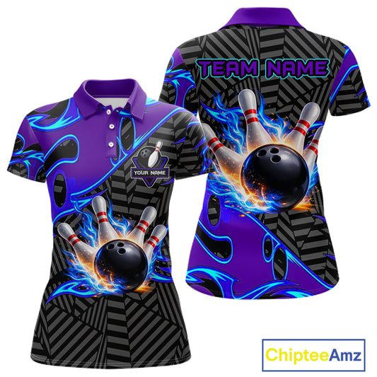 Custom Blue Purple Bowling Jersey For Women, Bowling Tournament Team Shirt Polo & Quarter Zip TDM5826