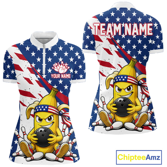 Funny banana American flag bowling quarter zip shirt for women with custom player name and team name.