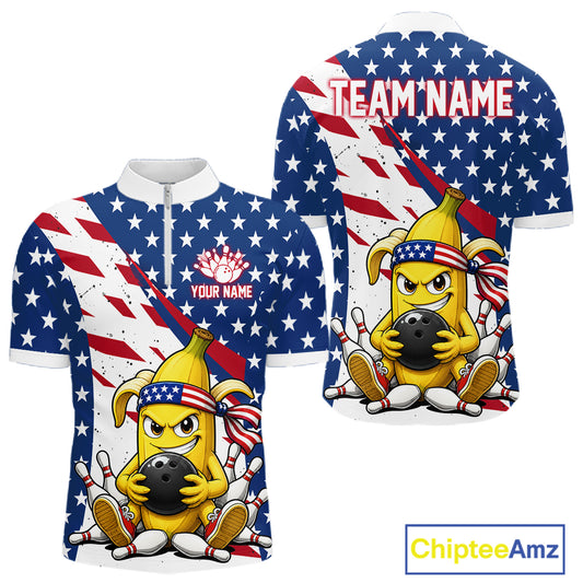 Funny banana American flag bowling quarter zip shirt for men with custom player name and team name.