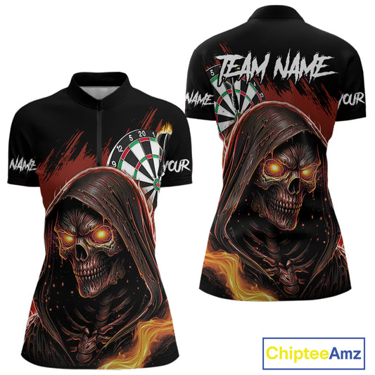 Personalized Red Grim Reaper Fire Dart Shirts For Women Custom Skull Dart Jersey Polo & 1/4 Zip TDM4891