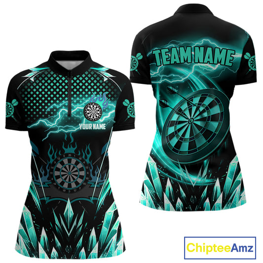 Personalized Turquoise Icy Lightning Darts Shirt For Women Custom Dart League Jersey Polo & 1/4 Zip TDM4466