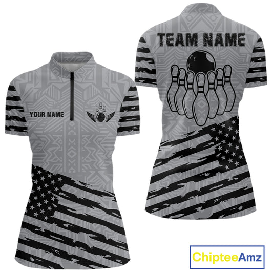 Grey American flag bowling quarter zip shirt for women with personalized bowling team style.