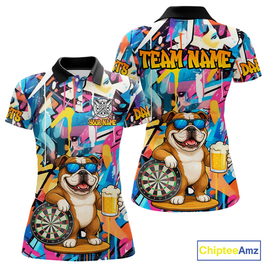 Funny Bulldog Colorful Graffiti Darts Shirt For Women Custom Darts Team Jersey Polo & 1/4 Zip TDM6464