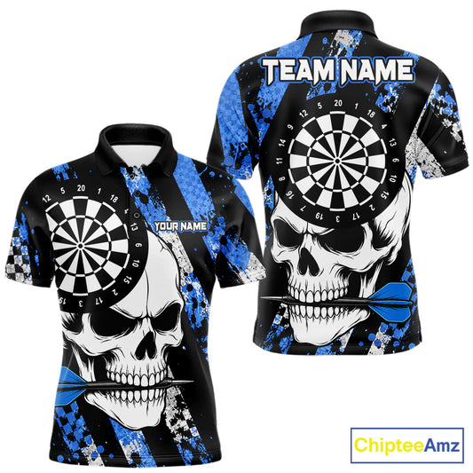 Blue camo stripes skull darts polo shirt for men with custom league team graphics.