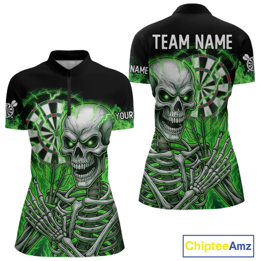 Green Flaming Lightning Skeleton Darts Shirt For Women Custom Skull Dart Jersey Team Polo & 1/4 Zip TDM4740