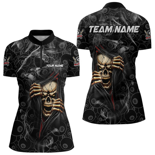 Personalized Skull 8 Ball Smoke Pattern Billiard Shirts For Women, 8 Ball Pool Black Billiard Jerseys TDM3157