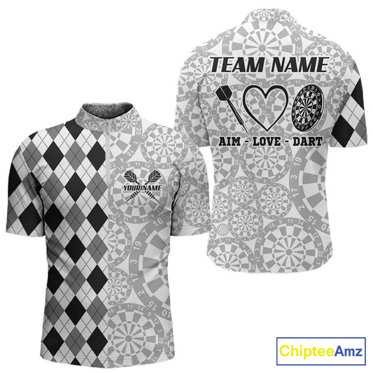 Aim Love Darts Custom Black Argyle Men Darts Polo & 1/4 Shirt, Funny Darts Shirts Dart Team Jersey TDM5662