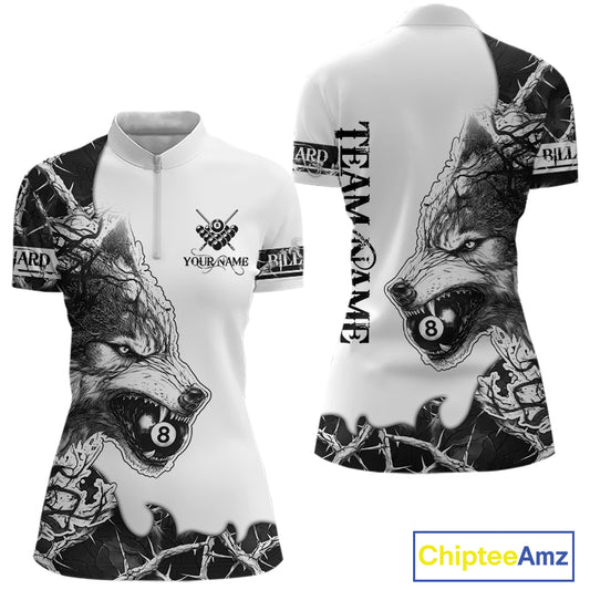 White Black Thorny Camo Wolf Billiard Shirts For Women Custom 8 Ball Pool Team Jersey Polo & 1/4 Zip TDM5668