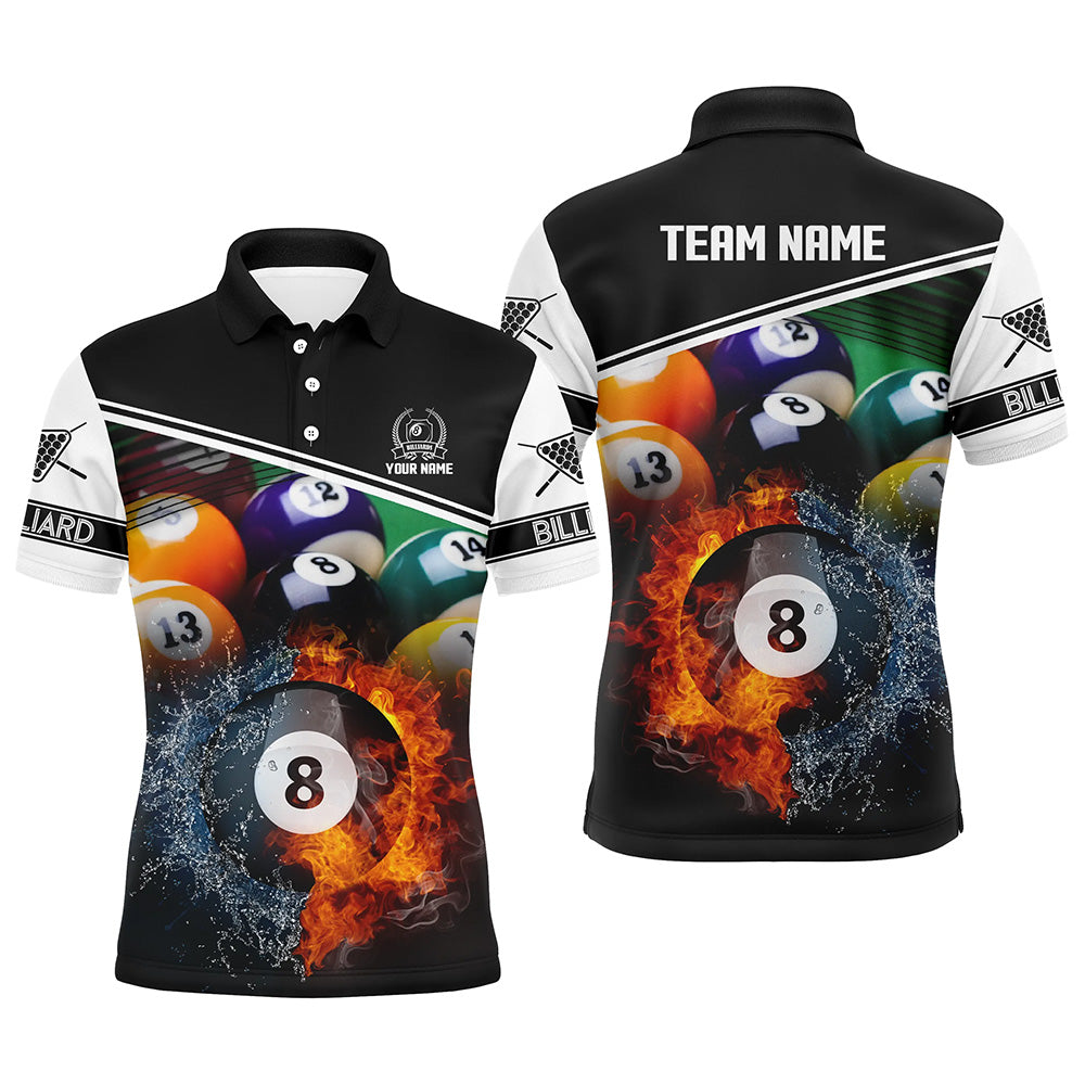 Custom Billiard 8 Ball In Fire And Water 3D Black Polo Shirts For Men, Gifts For Billiard Player TDM1384