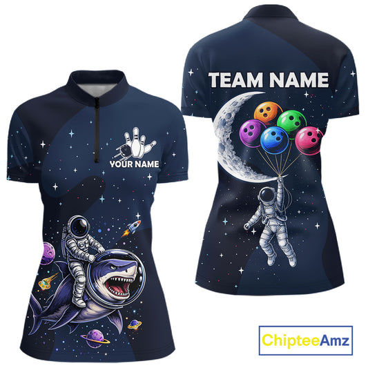 Custom Astronaut Galaxy Funny Bowling Jersey For Women, Bowling Polo & Quarter Zip Team Shirts TDM6273