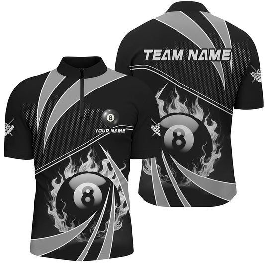 Personalized Grey And Black 8 Ball Pool Fire Custom Billiard Shirt For Men, Billiard Apparel Jersey TDM1974