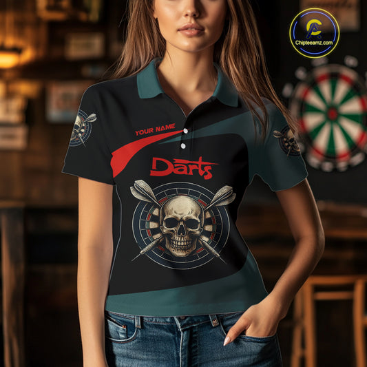 Grunge Skull And Dartboard Custom Polo Darts Shirt For Women - Darts Team Jersey NYN0700
