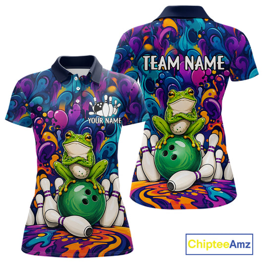 Personalized colorful funny frog bowling team jersey polo shirt for women, custom bowling league apparel with vibrant frog design and tournament-ready style.