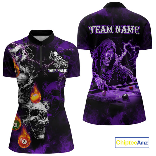 Personalized Purple Smoke Skull Billiard Shirts For Women Custom Grim Reaper Billiard Jerseys TDM3870
