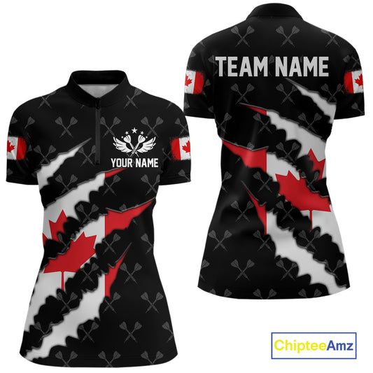 Personalized Canada Flag Darts Pattern Polo & 1/4 Zip For Women Custom Canadian Darts Team Jerseys TDM5419