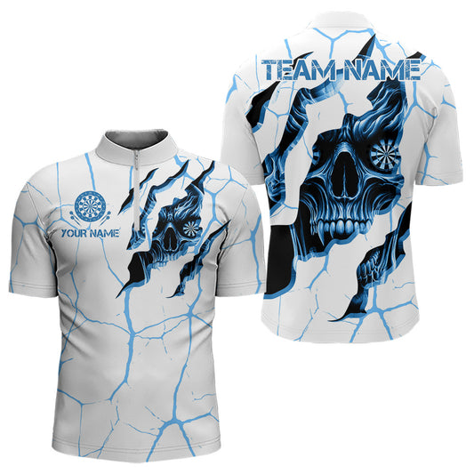 Personalized Skull White Blue Grunge Darts Polo & Quarter-Zip For Men Custom Dart Team Jerseys TDM3705