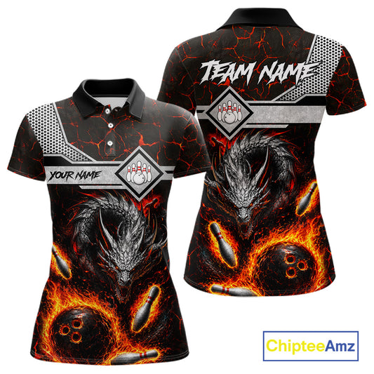 Personalized fire flame dragon bowling team jersey polo shirt for women featuring a fierce fire dragon design, premium custom bowling league apparel for tournaments, league nights and competitive bowling teams.