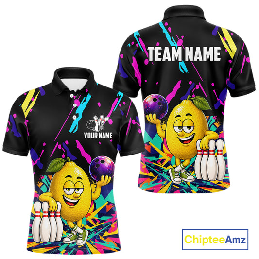 Colorful lemon bowling polo shirt for men with vibrant custom bowling team graphics.