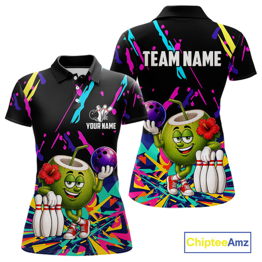 Colorful coconut bowling polo shirt for women with tropical custom bowling team graphics.