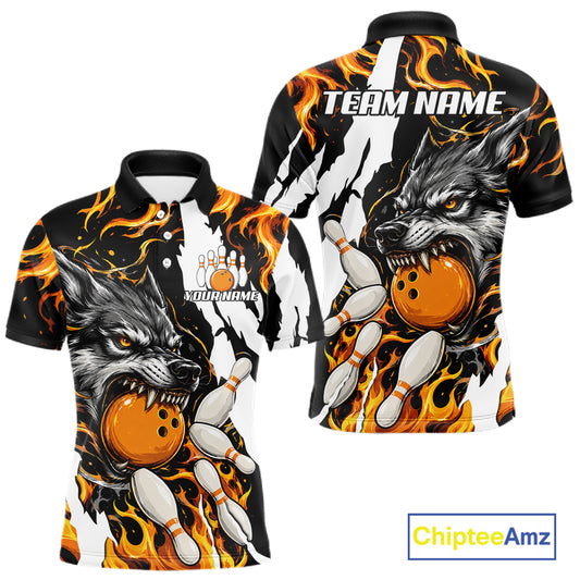 Personalized orange flame wolf bowling team jersey polo shirt for men featuring a fierce wolf with blazing orange flame artwork, premium custom bowling league apparel for tournaments, league nights and competitive bowling teams.