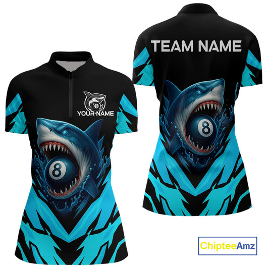 Personalized Blue 8 Ball Pool Billiard Shark Polo & 1/4 Zip For Women, Billiard Team Pool Jerseys TDM4013