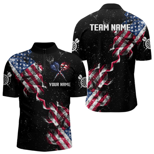 Customized Grunge US Flag Smoke Darts Polo & Quarter-Zip Shirts, Patriotic Darts Jerseys For Men TDM3455