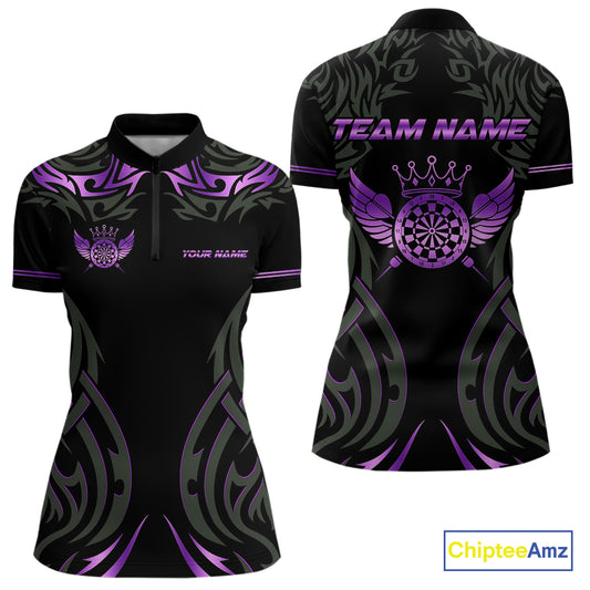 Black And Purple Dartboard Crown Wings Custom Darts Shirt For Women, Dart Team Jersey Polo & 1/4 Zip TDM4422