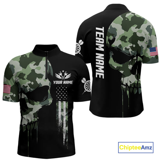 Green Camouflage Skull Darts Shirt For Men Custom Patriotic US Flag Darts Jersey Polo & 1/4 Zip TDM5300