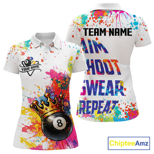 Colorful 8 Ball Crown Aim Shoot Swear Repeat Billiard Shirt For Women Custom Pool Team Jersey|White TDM5795