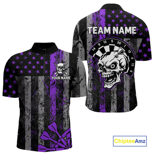 Personalized Purple Grunge US Flag Skull Darts Shirt For Men Custom Patriotic Darts Team Jersey TDM4884