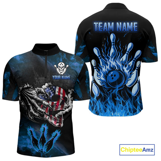 Blue Flaming American Flag Skull Bowling Shirt For Men Custom Fire Bowling Team Jersey TDM4692