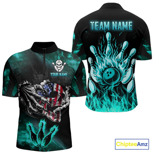 Turquoise Flaming American Flag Skull Bowling Shirt For Men Custom Fire Bowling Team Jersey TDM4693