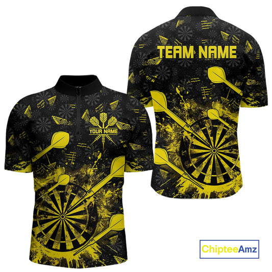 Black And Yellow Grunge Darts Polo, Quarter Zip For Men Custom Dart Shirts For Team Dart Jerseys TDM4697