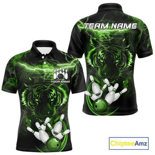 Green thunder lightning tiger bowling team polo shirt for men with tiger graphic design.