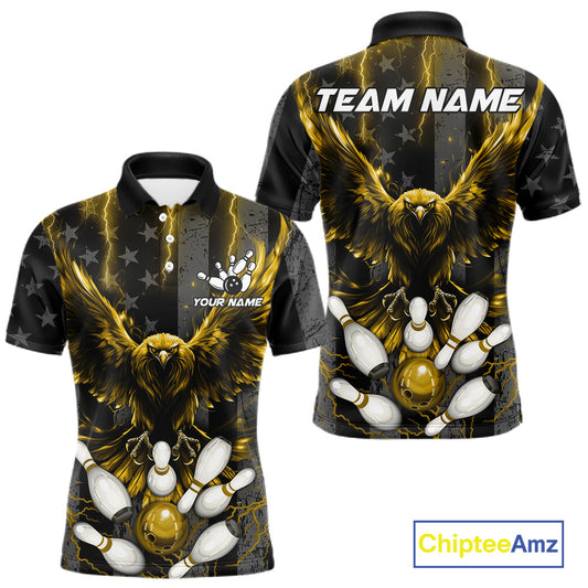 Yellow lightning eagle bowling polo shirt for men with patriotic American flag team graphics.