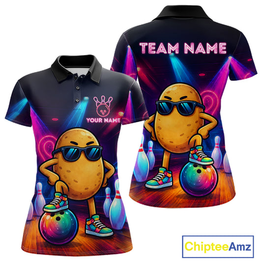 Personalized funny potato neon bowling team jersey polo shirt for women featuring a colorful neon potato character design, premium custom bowling league apparel, perfect bowling gifts for tournaments and league play.
