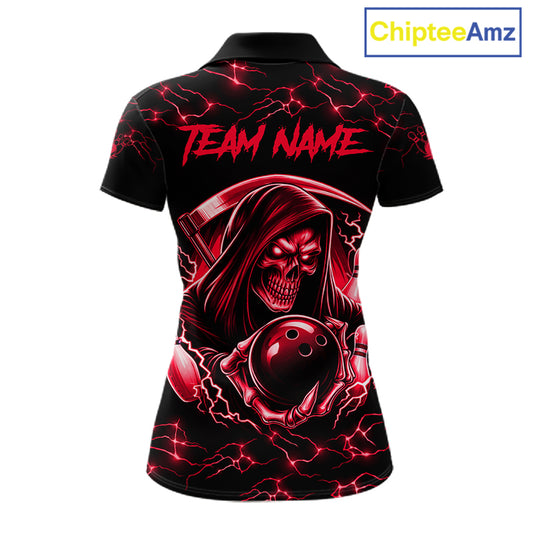 Custom red grim reaper lightning bowling team jersey polo shirt for women, skull bowling league apparel with bold lightning graphics.