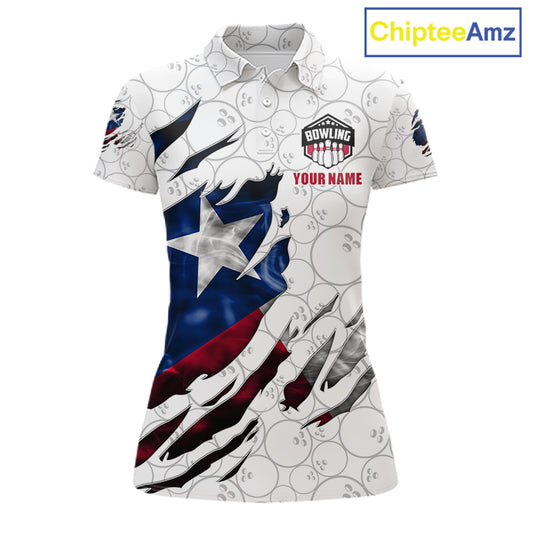 Smoke Texas flag white bowling polo shirt for women with patriotic bowling team graphics.