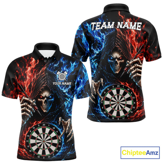 Blue And Red Flaming Grim Reaper Darts Shirts For Men Custom Darts Team Jersey Polo & 1/4 Zip TDM6503