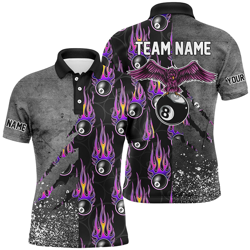 Custom Ball 8 Flame Grey Grunge Billiard Polo Shirts For Men, Best Billiard Team Shirts TDM0731