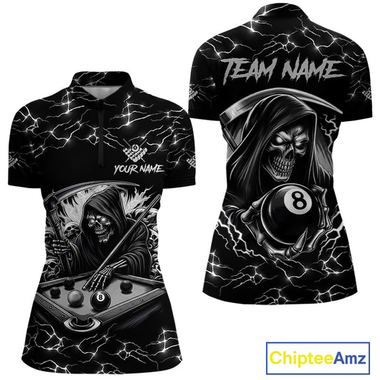 Black White Funny Grim Reaper 8 Ball Pool Women Billiard Shirts Custom Lightning Billiard Jerseys TDM3726