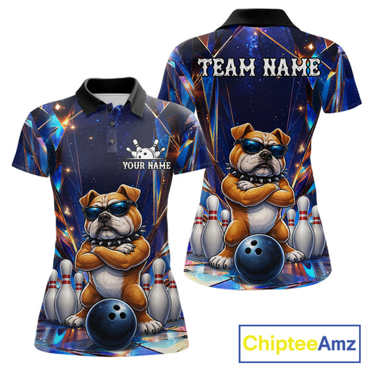 Personalized funny crystal bulldog bowling team jersey polo shirt for women featuring a colorful crystal bulldog design, premium custom bowling league apparel for tournaments and competitive bowling teams.