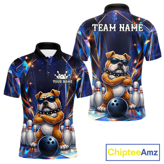 Personalized funny crystal bulldog bowling team jersey polo shirt for men featuring a colorful crystal bulldog design, premium custom bowling league apparel for tournaments and competitive bowling teams.