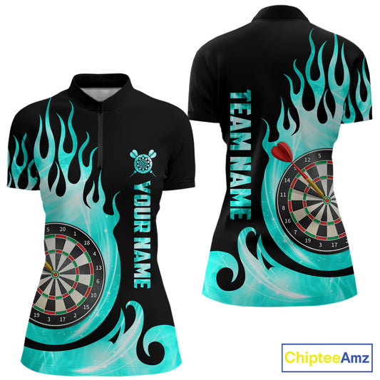 Black And Turquoise Flame Light Darts Polo & 1/4 Zip For Women Custom Darts League Team Jersey TDM5479