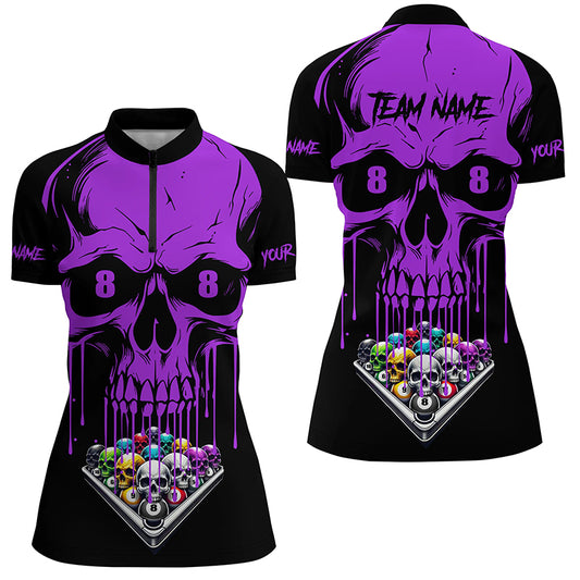 Personalized Skull Billiard Balls Funny Pool Shirts For Women, Unique Billiard Jersey Apparel |Purple TDM2777