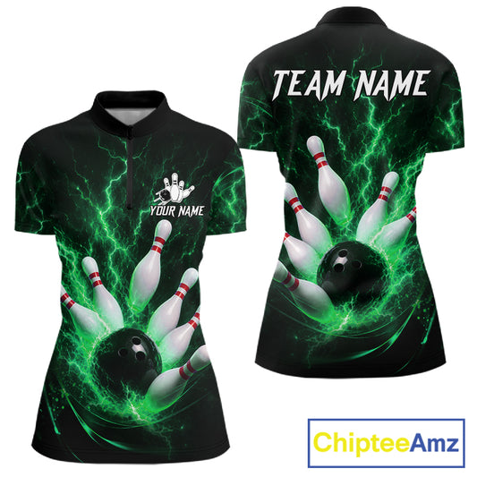 Personalized Green Thunder Lightning Bowling Jersey For Women, Bowling League Shirts Polo & 1/4 Zip TDM6575