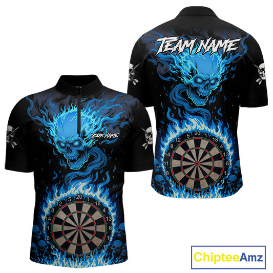 Blue Flaming Skull Darts Shirt For Men Custom Darts Jersey Team Polo & Quarter Zip TDM5054