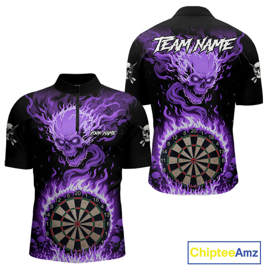 Purple Flaming Skull Darts Shirt For Men Custom Darts Jersey Team Polo & Quarter Zip TDM5056