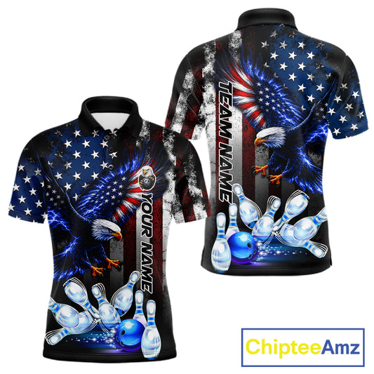 Custom blue eagle American flag bowling team jersey polo shirt for men featuring a patriotic eagle and American flag design, premium custom bowling team apparel.
